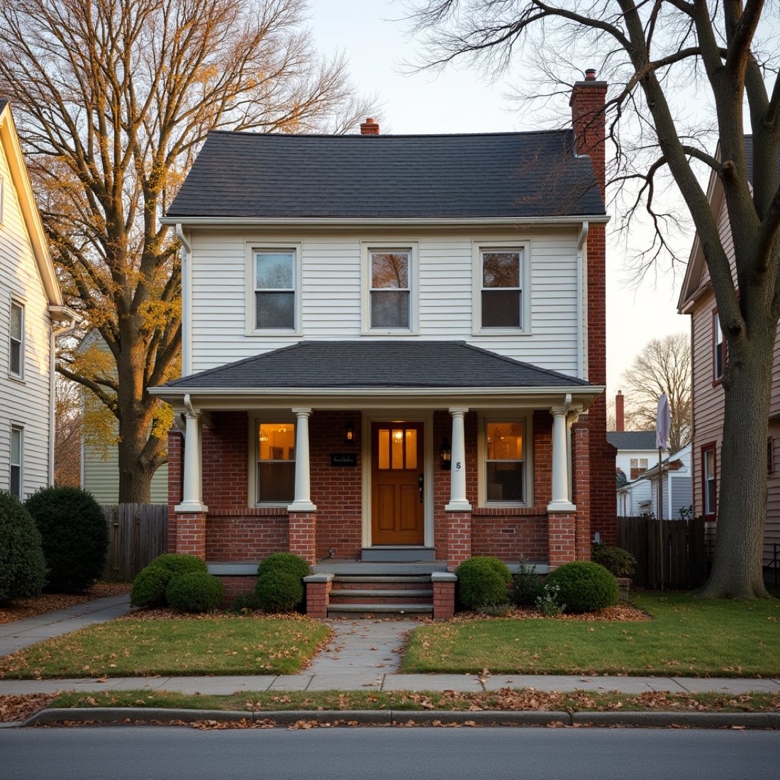 Older single family home with a covered porch on a tree-lined street in Bristol, Bucks County PA