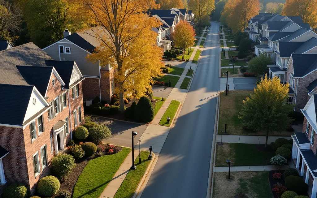 Illustrative view of a tree-lined suburban street with brick homes in autumn, representing a typical Bucks County, PA neighborhood
