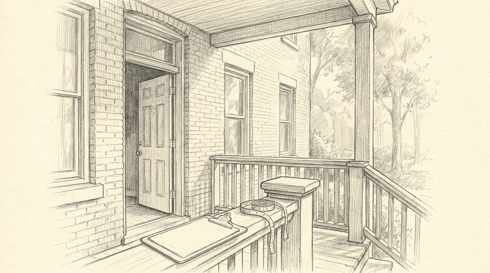 Pencil sketch of the front porch and open door of a Pennsylvania brick twin home with a clipboard and tape measure on the railing