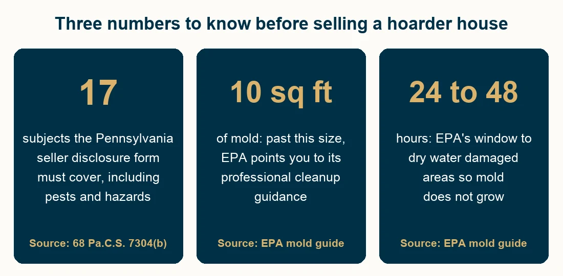 Graphic of three numbers for selling a hoarder house: the Pennsylvania seller disclosure form covers 17 subjects (68 Pa.C.S. 7304(b)); EPA advises professional guidance for mold over 10 square feet; EPA says dry water damaged areas within 24 to 48 hours