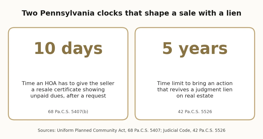 Graphic of two Pennsylvania deadlines: an HOA has 10 days after a request to give a resale certificate showing unpaid dues (68 Pa.C.S. 5407), and an action to revive a judgment lien on real estate must be brought within 5 years (42 Pa.C.S. 5526)